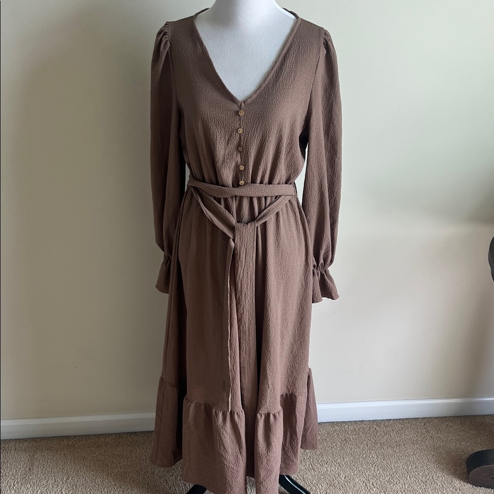 NWOT Elegant Brown V-Neck Dress